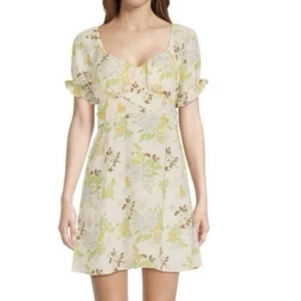 Madden NYC Juniors Women's Yellow Brown Retro Floral Puff Sleeve Mini Dress Sz L